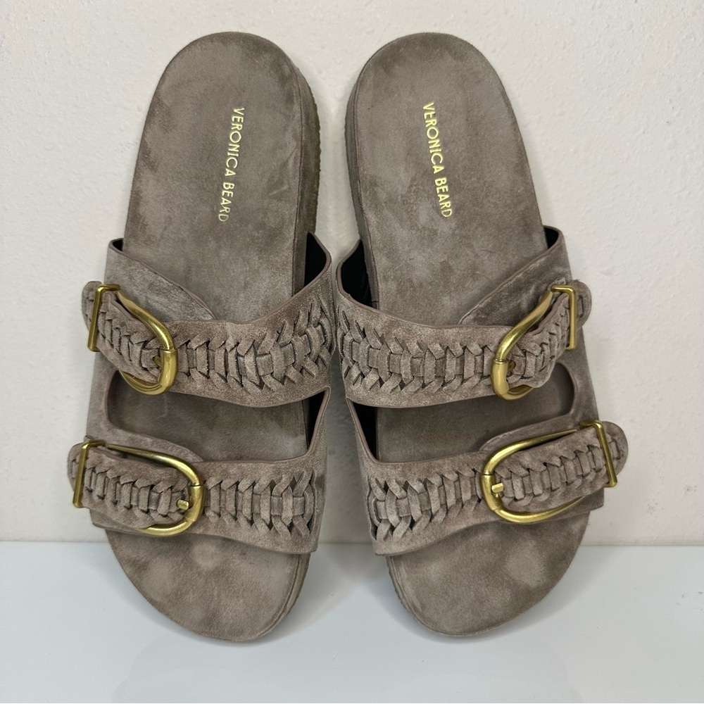 Veronica Beard Beige Sandals with Gold Buckles
